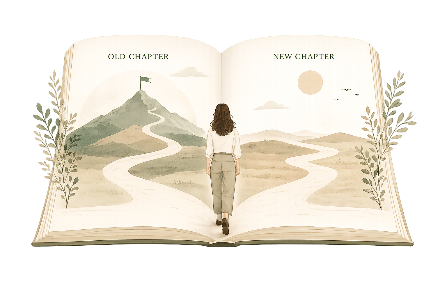 An illustration of a woman walking between two open book pages — the old chapter behind her, the new chapter ahead.
