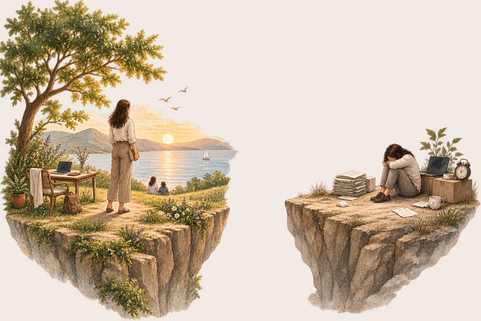 An illustration of two cliffs — on one, she sits overwhelmed beside her laptop and paperwork; on the other, she stands under a tree at sunset overlooking the sea, book in hand.